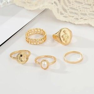 5 Piece Women's Gold Ring Set with Snake and Leaf Charms